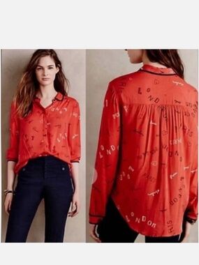 Maeve Red Script-Print Button-Up Blouse